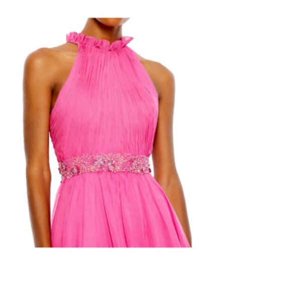 MAC DUGGAL HALTER NECK HIGH LOW CHIFFON HOT PINK GOWN sz 2 - Picture 2 of 5
